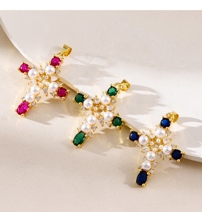 Fashion Green Copper Paved Zirconia Pearl Cross Pendant Accessory,Jewelry Findings & Components