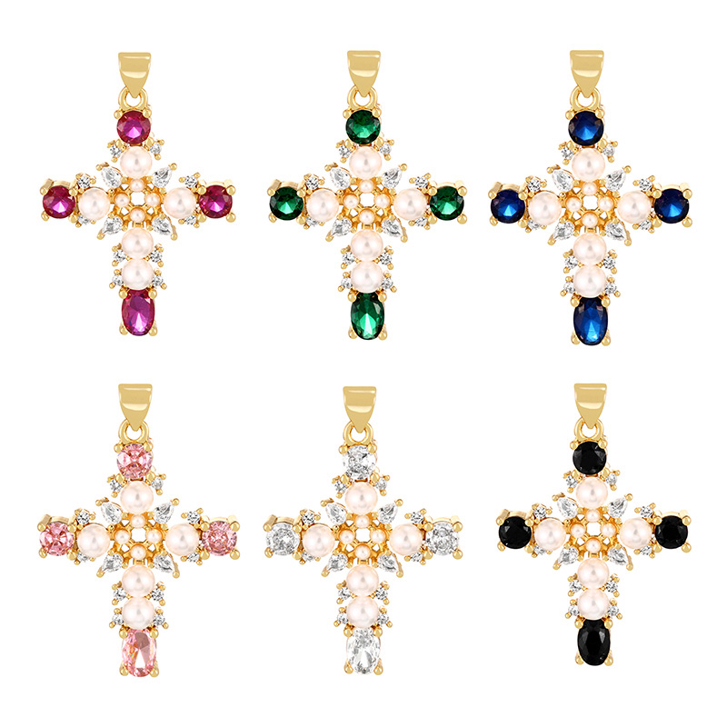 Fashion Rose Red Copper Paved Zirconia Pearl Cross Pendant Accessory,Jewelry Findings & Components
