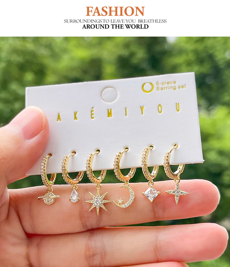 Fashion Gold Set Of 6 Copper Inlaid Zirconia Starburst Crescent Pendant Earrings,Jewelry Set