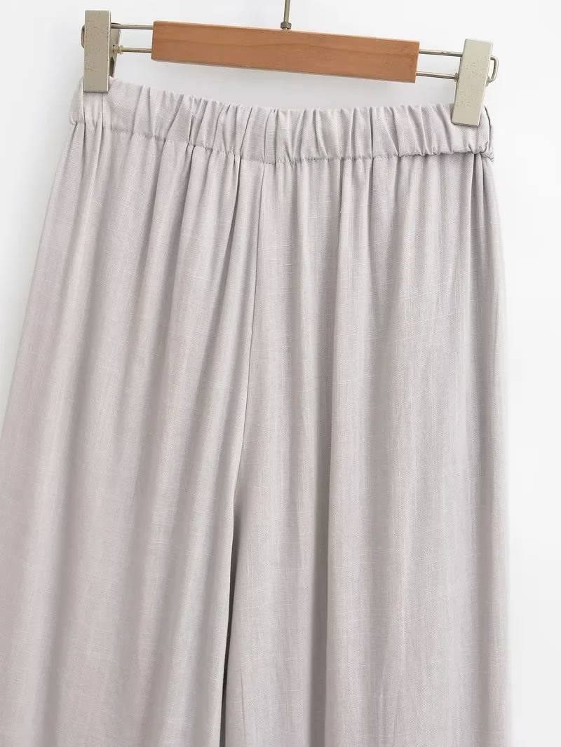 Fashion Grey Linen Tie Wide-leg Trousers,Pants