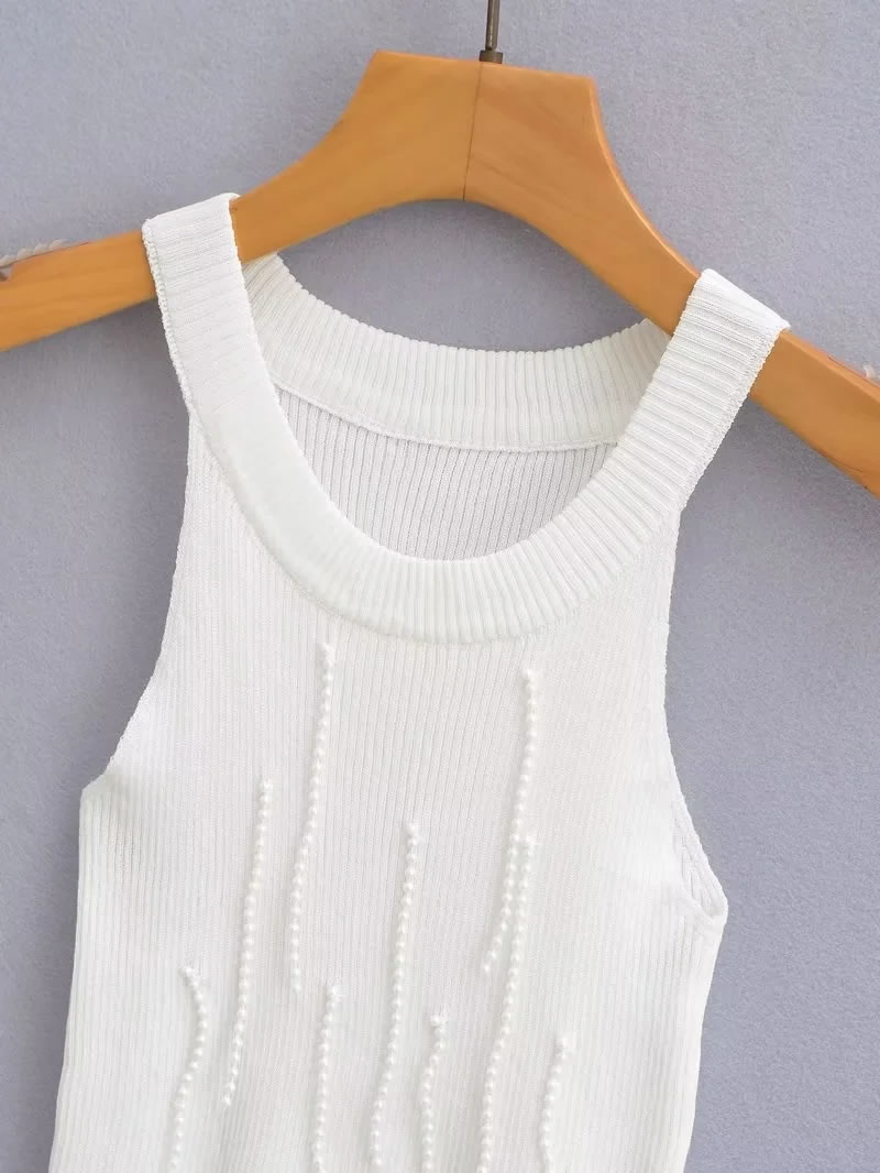 Fashion White Pearl-embellished Knitted Vest,Tank Tops & Camis