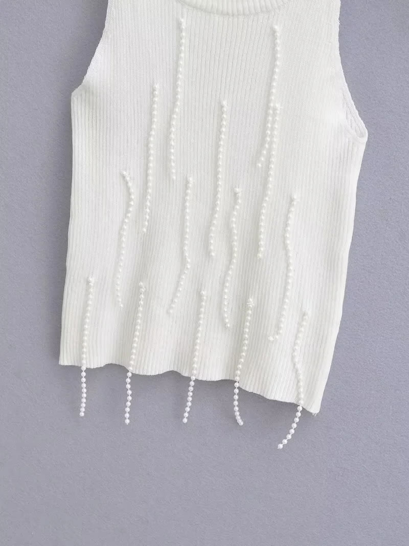 Fashion White Pearl-embellished Knitted Vest,Tank Tops & Camis
