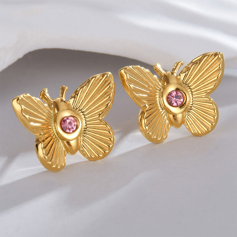 Fashion Gold Titanium Steel Diamond Butterfly Stud Earrings,Earrings