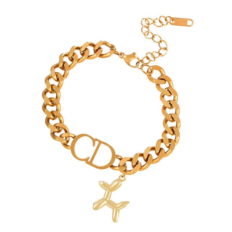 Fashion Golden 2 Titanium Steel Alphabet Cd Balloon Dog Pendant Thick Chain Bracelet,Bracelets