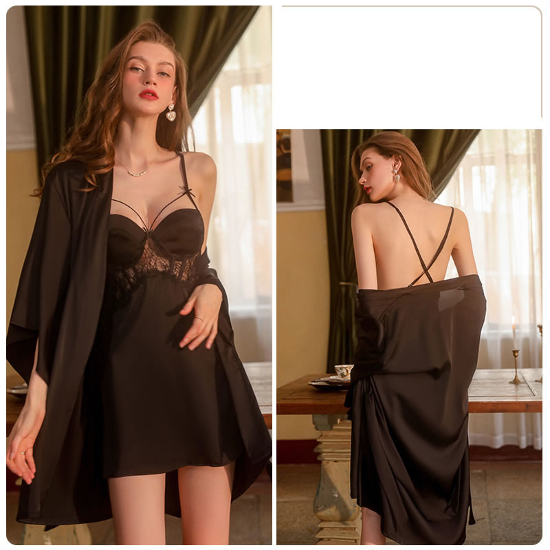 Fashion Moran Gray (nightdress) Satin Lace Backless Camisole Nightdress,SLEEPWEAR & UNDERWEAR