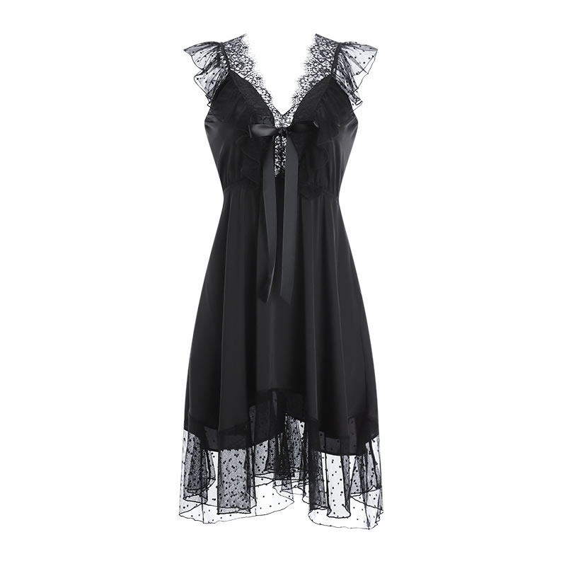 Fashion Black Chest Pad Version Polyester Lace V-neck Strappy Nightdress,SLEEPWEAR & UNDERWEAR