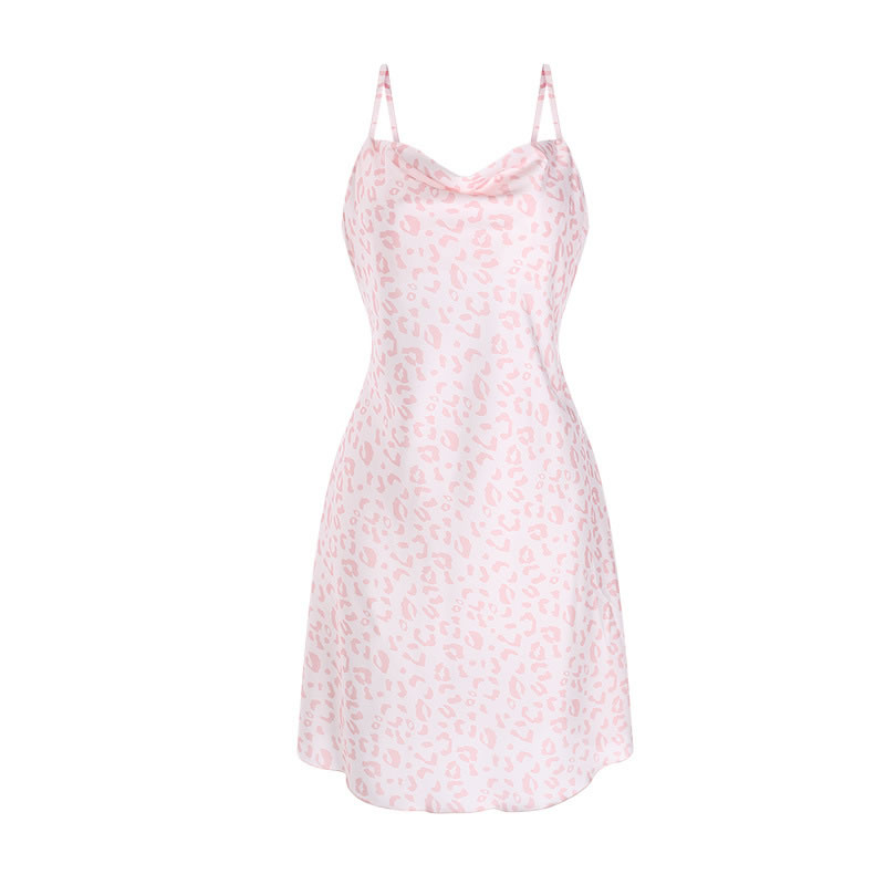 Fashion Light Pink Leopard-print Satin Swing-neck Camisole Nightdress,SLEEPWEAR & UNDERWEAR
