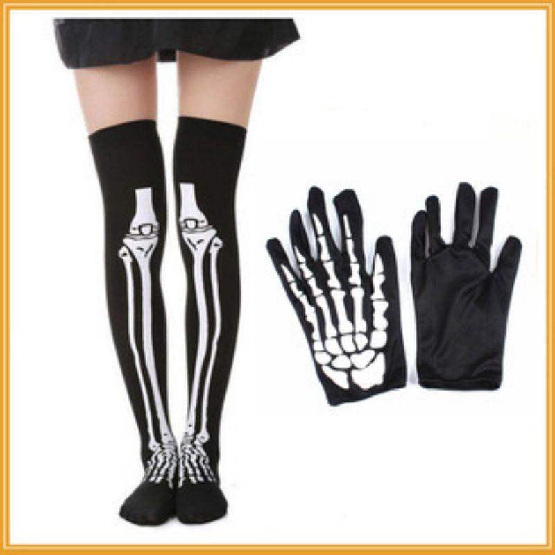Fashion Long Suit Fabric Skeleton Gloves Over The Knee Socks Set,Full Finger Gloves
