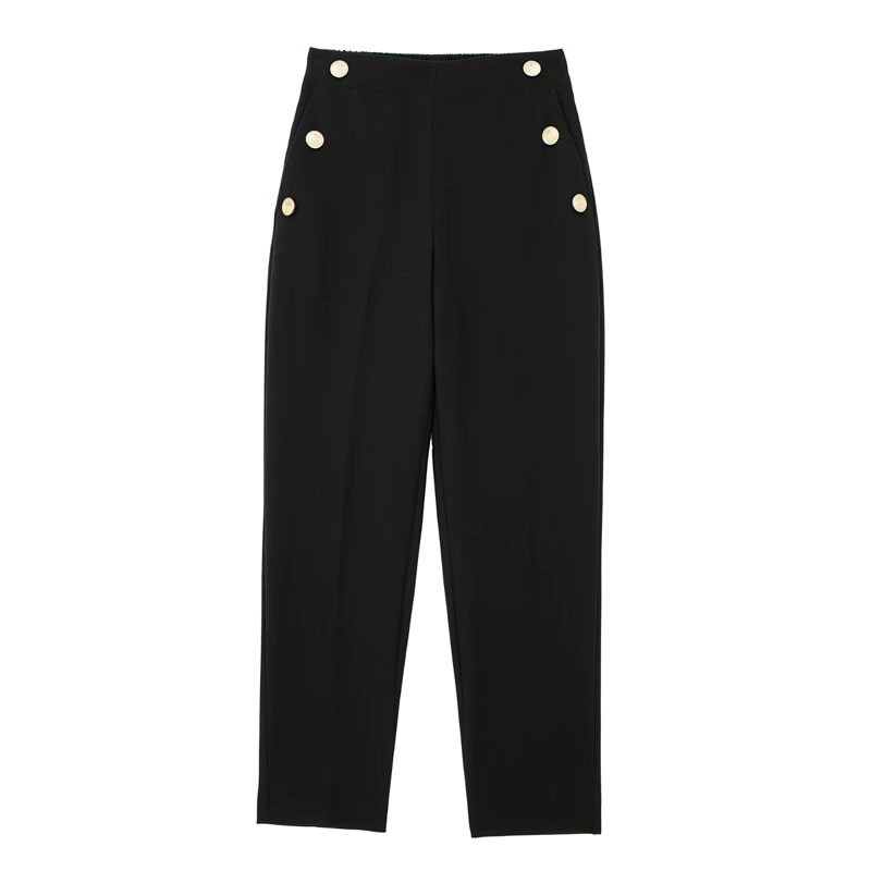 Fashion Black Button-breasted Straight-leg Trousers,Pants