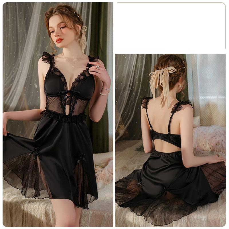 Fashion J3189 Black (nightdress) Polyester Deep V Sheer Lace Nightdress,SLEEPWEAR & UNDERWEAR