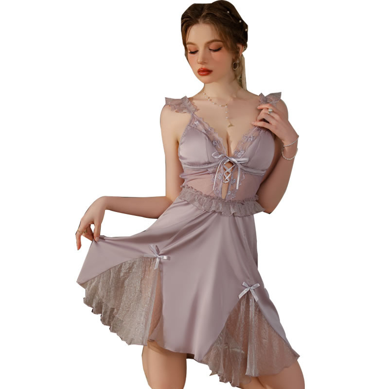 Fashion J3189 Taro Purple (nightdress) Polyester Deep V Sheer Lace Nightdress,SLEEPWEAR & UNDERWEAR
