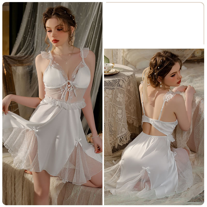 Fashion J3189 White (nightdress) Polyester Deep V Sheer Lace Nightdress,SLEEPWEAR & UNDERWEAR