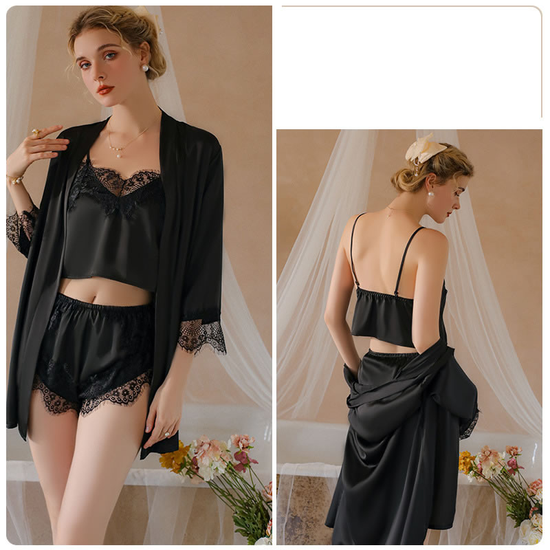 Fashion Black (robe + Belt) Polyester Lace Tunic,SLEEPWEAR & UNDERWEAR