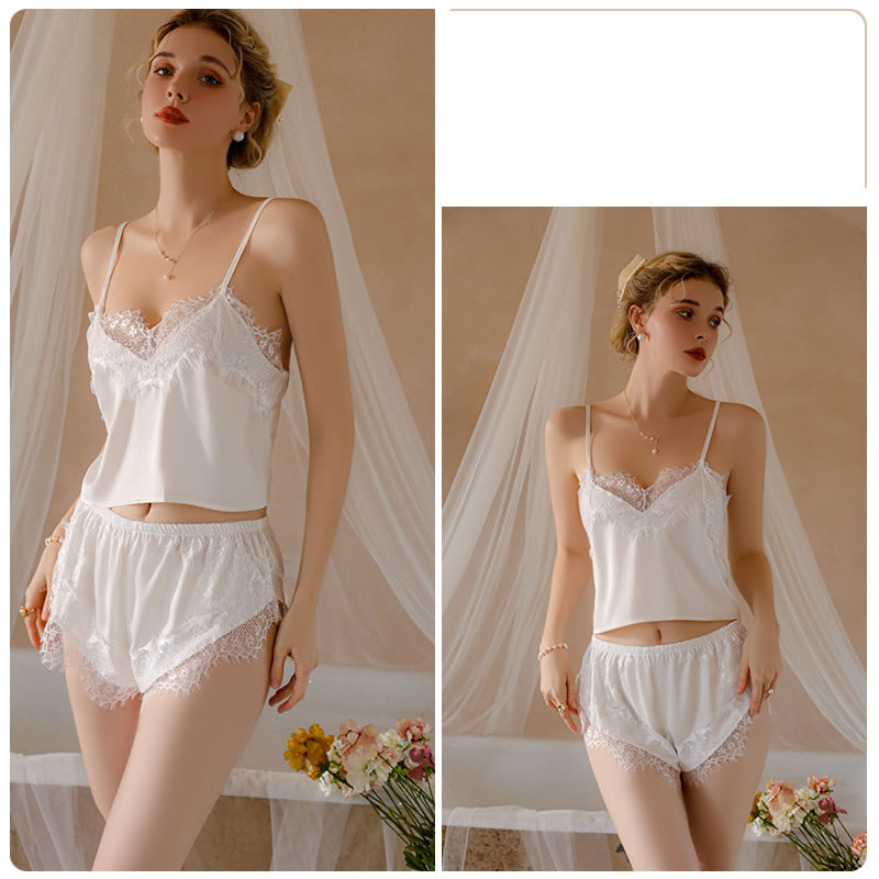 Fashion White (top + Shorts) Polyester Lace Camisole Pajama Set,SLEEPWEAR & UNDERWEAR