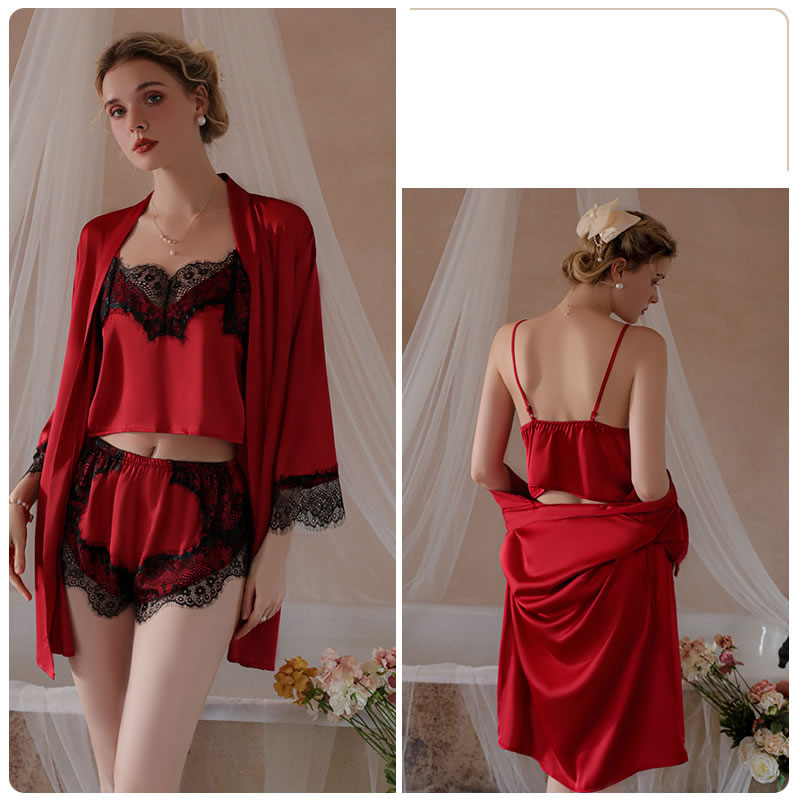 Fashion Wine Red (robe + Belt) Polyester Lace Tunic,SLEEPWEAR & UNDERWEAR