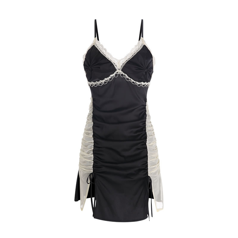 Fashion Black (nightdress) Polyester Spliced Yarn Slit Satin Nightdress,SLEEPWEAR & UNDERWEAR