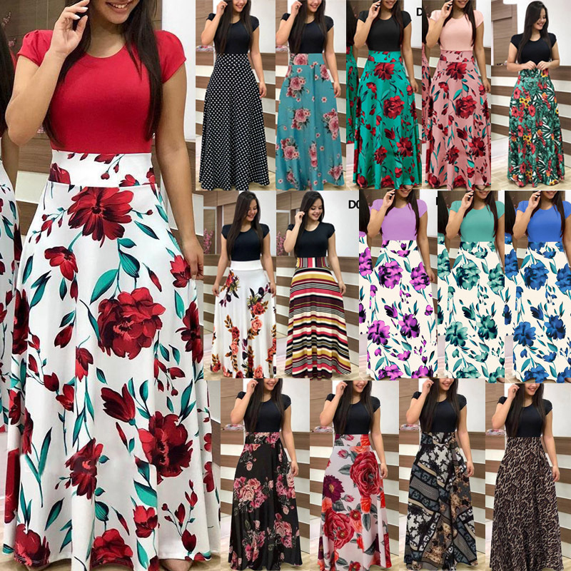 Fashion 9# Milk Silk Print Color Block Short Sleeve Dress,Long Dress