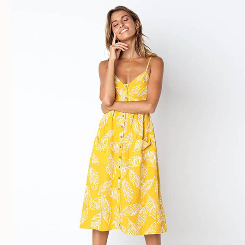 Fashion Yellow Polyester Printed Slip Dress,Long Dress