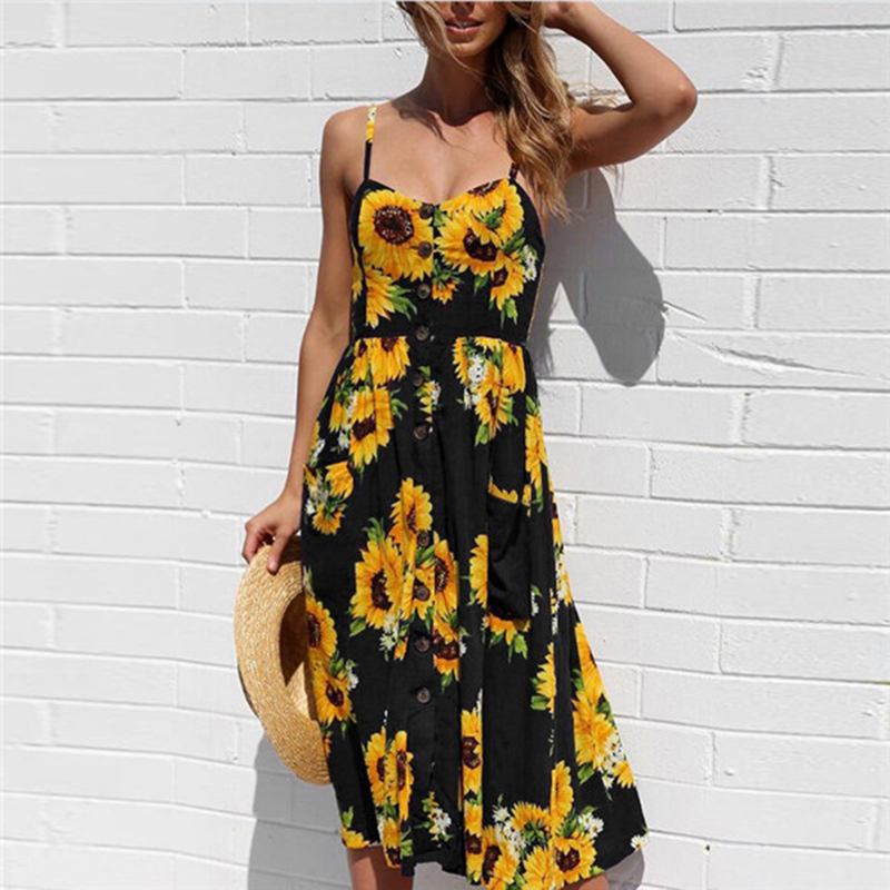 Fashion Yellow Polyester Printed Slip Dress,Long Dress