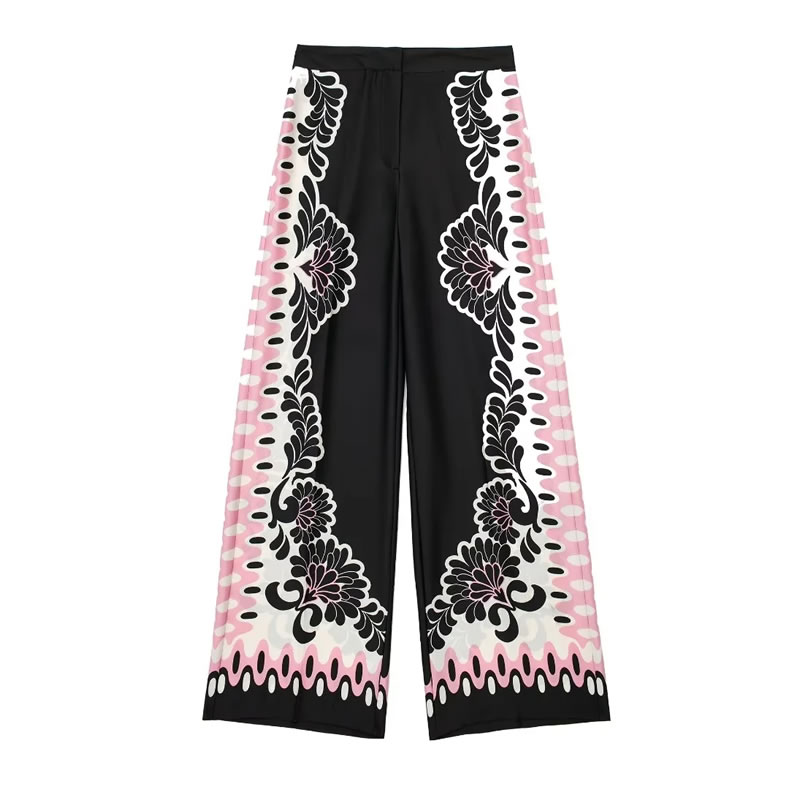 Fashion Black Polyester Printed Straight-leg Trousers,Pants