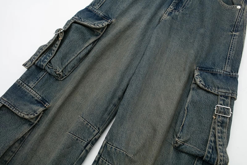 Fashion Washed Blue Denim Pocket Cargo Denim Trousers,Pants