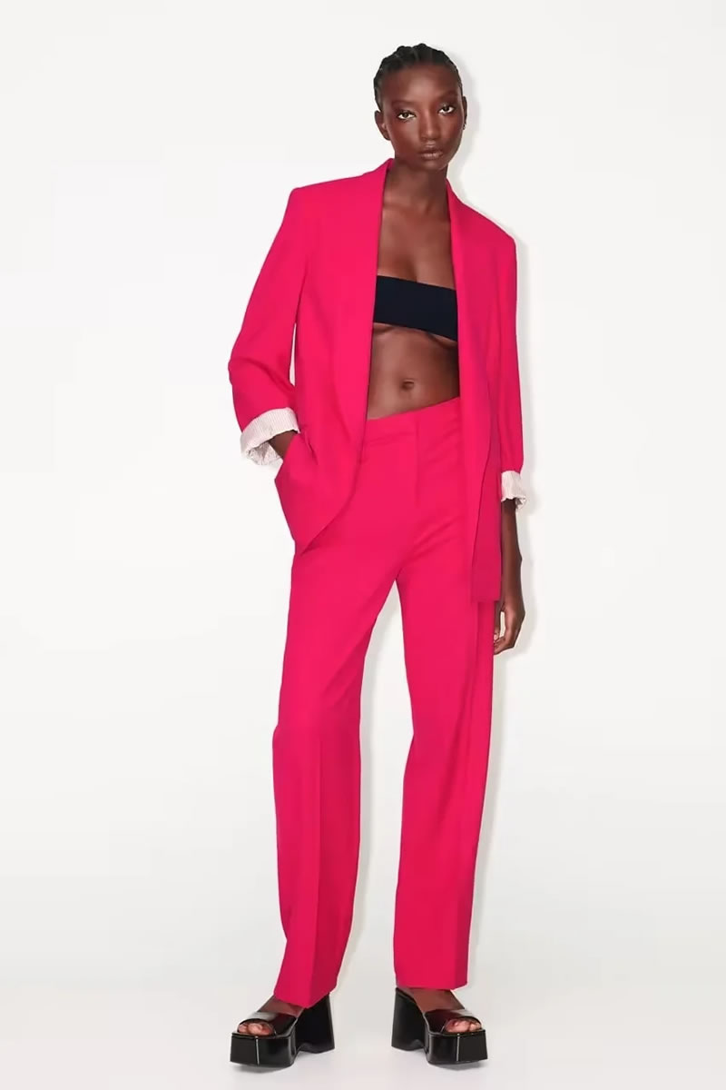 Fashion Rose Red Polyester Micro-pleated Straight-leg Trousers,Pants