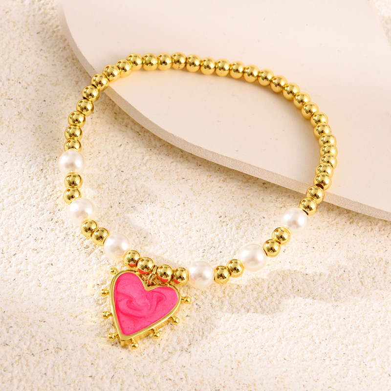 Fashion Rose Red Copper Drip Oil Heart Charm Beaded Pearl Bracelet,Bracelets