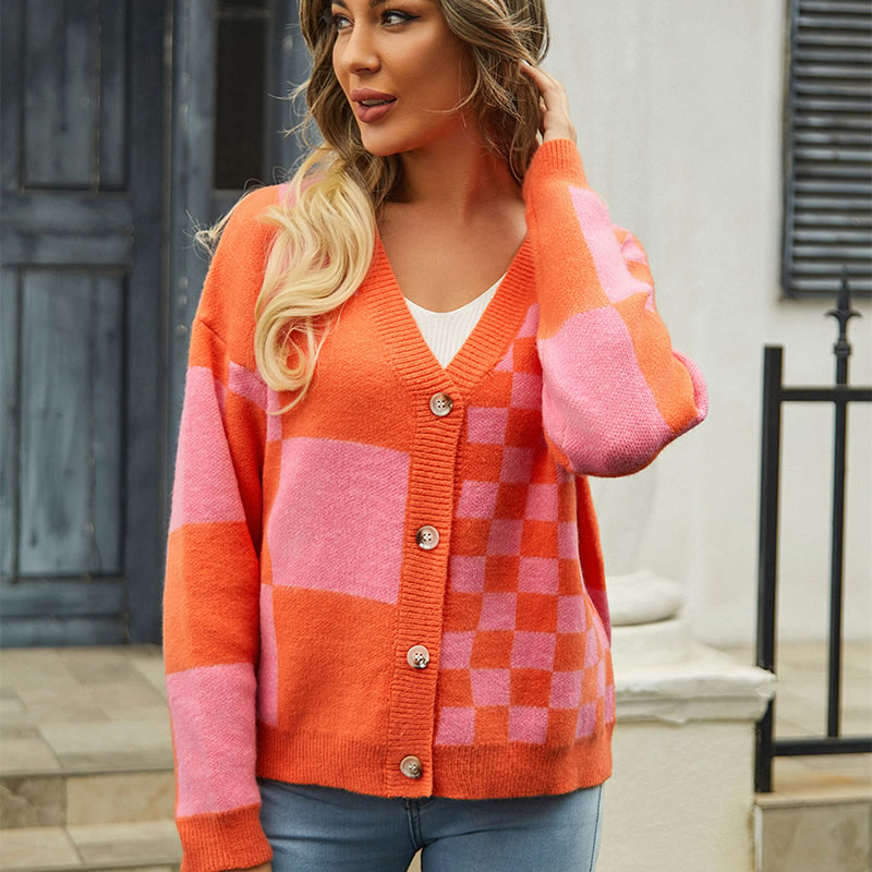 Fashion Orange Check Knit Sweater Jacket,Sweater