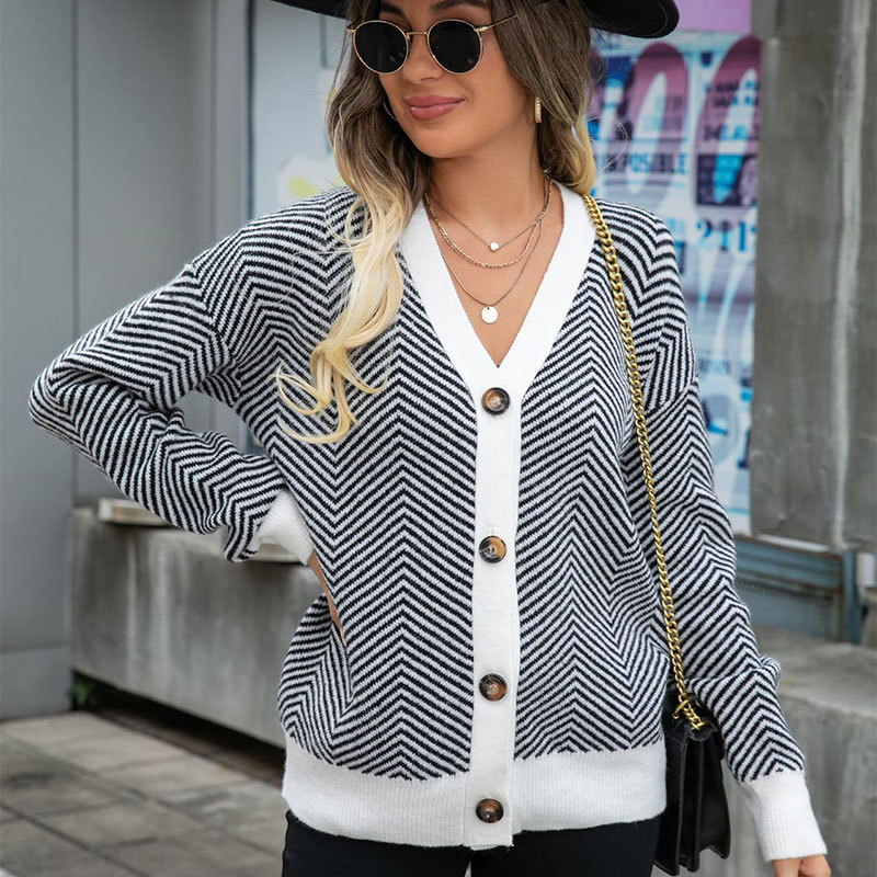Fashion Khaki Striped Knit Sweater Jacket,Sweater