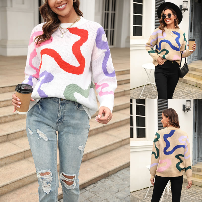 Fashion Khaki Crew Neck Geometric Knit Pullover,Sweater