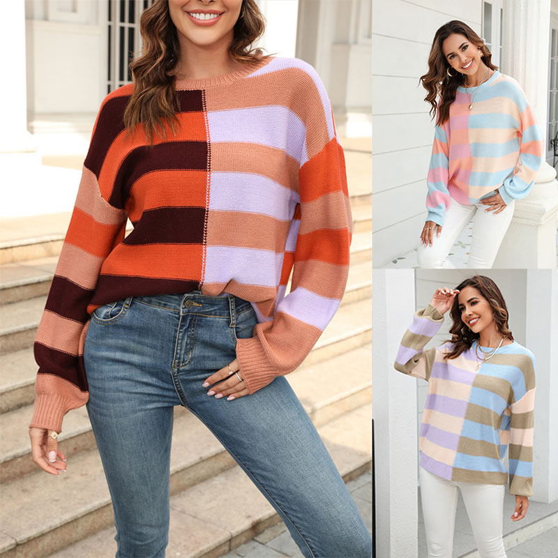 Fashion Khaki Acrylic-paneled Striped Color-blocking Crewneck Knitted Sweater,Sweater