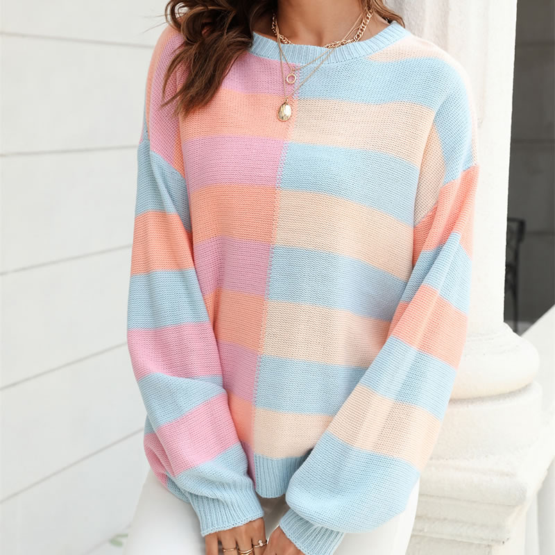Fashion Khaki Acrylic-paneled Striped Color-blocking Crewneck Knitted Sweater,Sweater