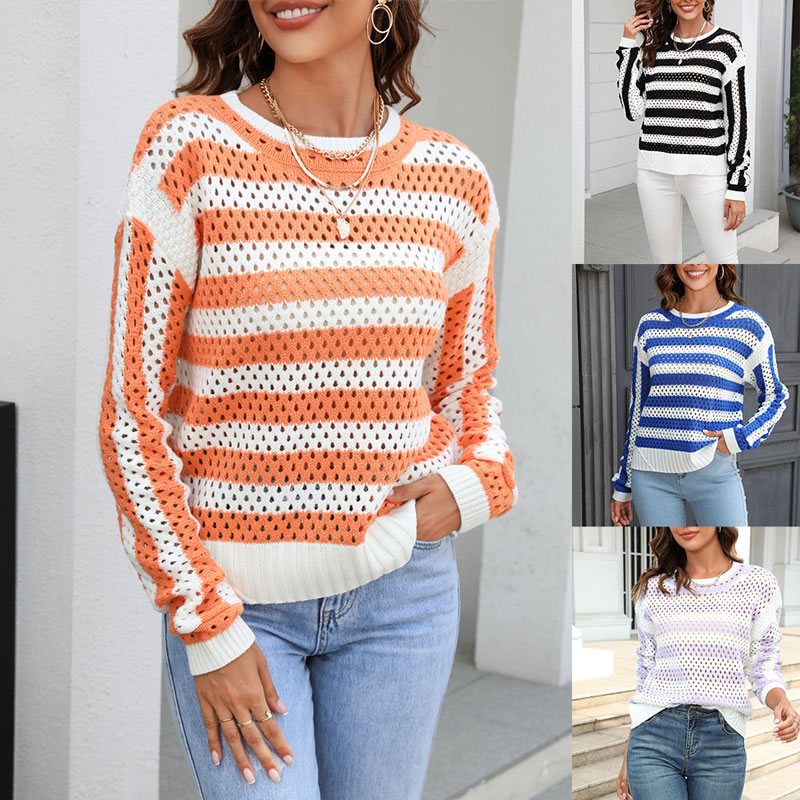 Fashion Orange Acrylic Cutout Stripe Crew Neck Long Sleeve Knit Sweater,Sweater