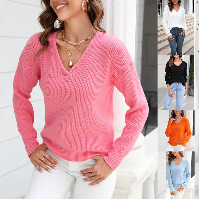 Fashion Black V-neck Twist-knit Pullover,Sweater