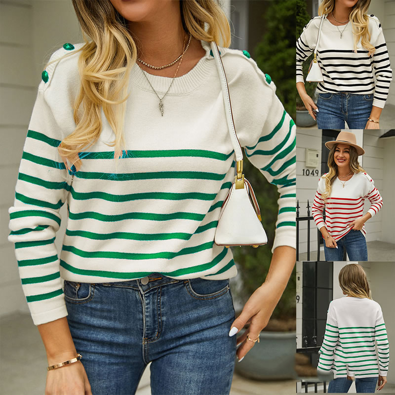 Fashion Green Striped Paneled Knitted Pullover,Sweater