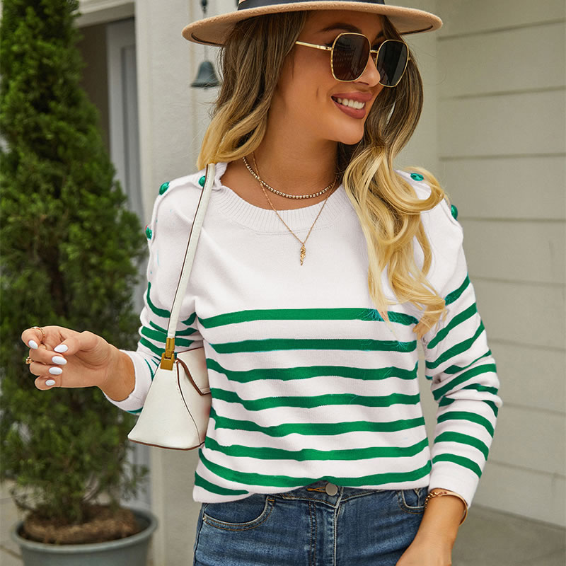 Fashion Green Striped Paneled Knitted Pullover,Sweater