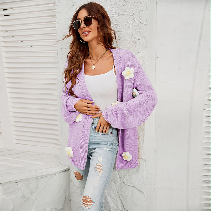 Fashion Purple Acrylic Floral Balloon Sleeve Knit Cardigan Sweater Jacket,Sweater