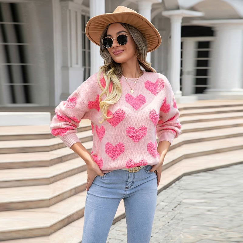 Fashion Pink Crew Neck Knit Hearts Pullover,Sweater
