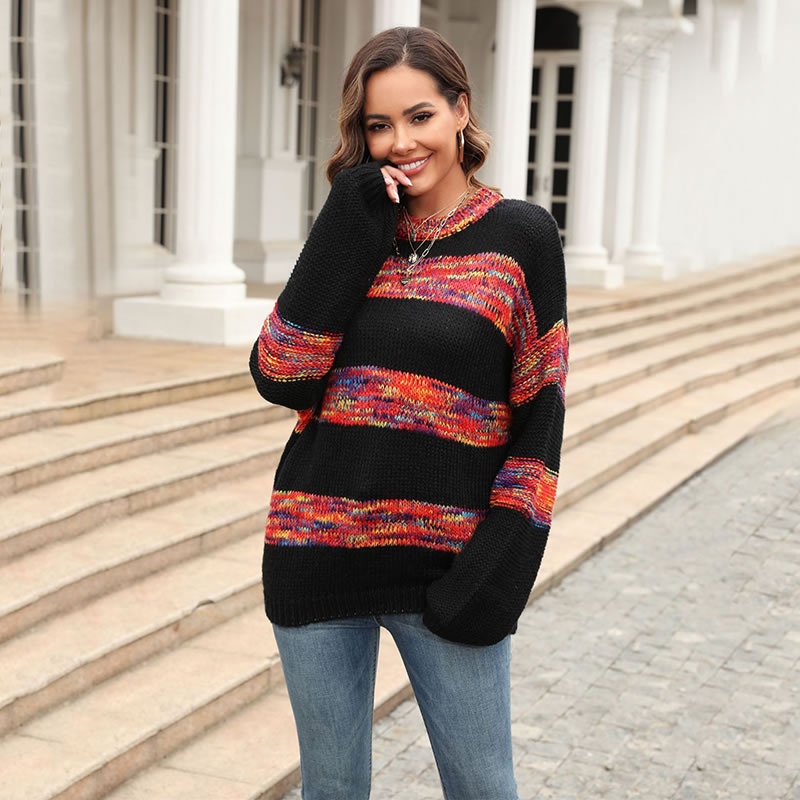 Fashion Black Striped Knit Crewneck Pullover,Sweater