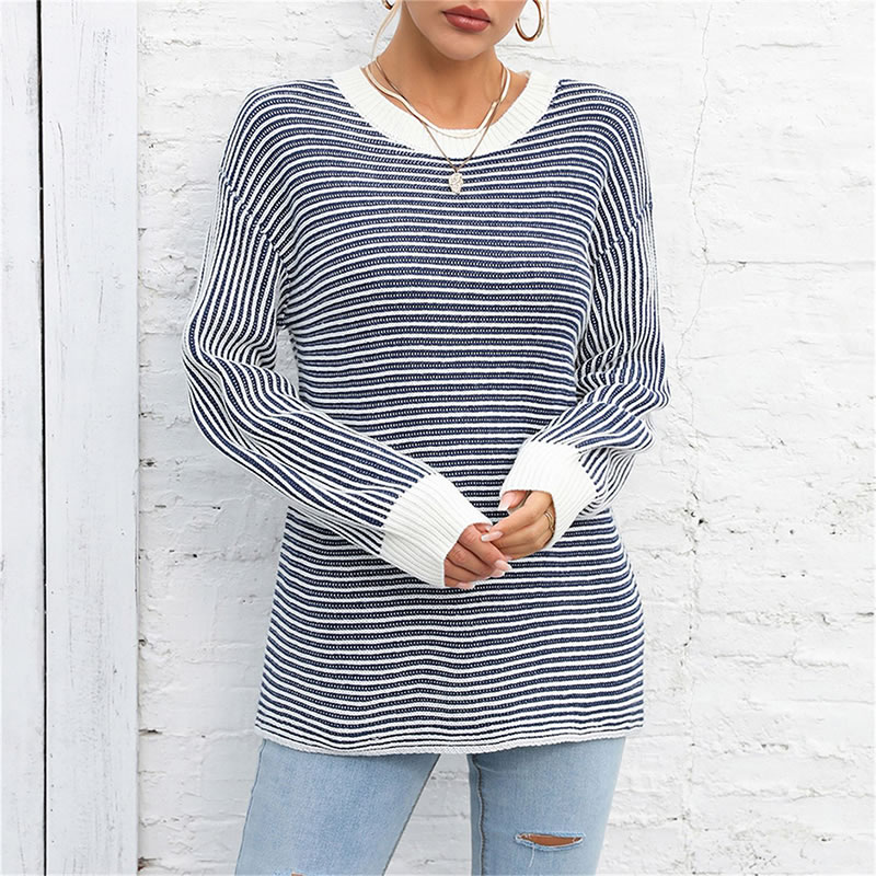 Fashion Rose Red Striped Knit Crewneck Pullover,Sweater