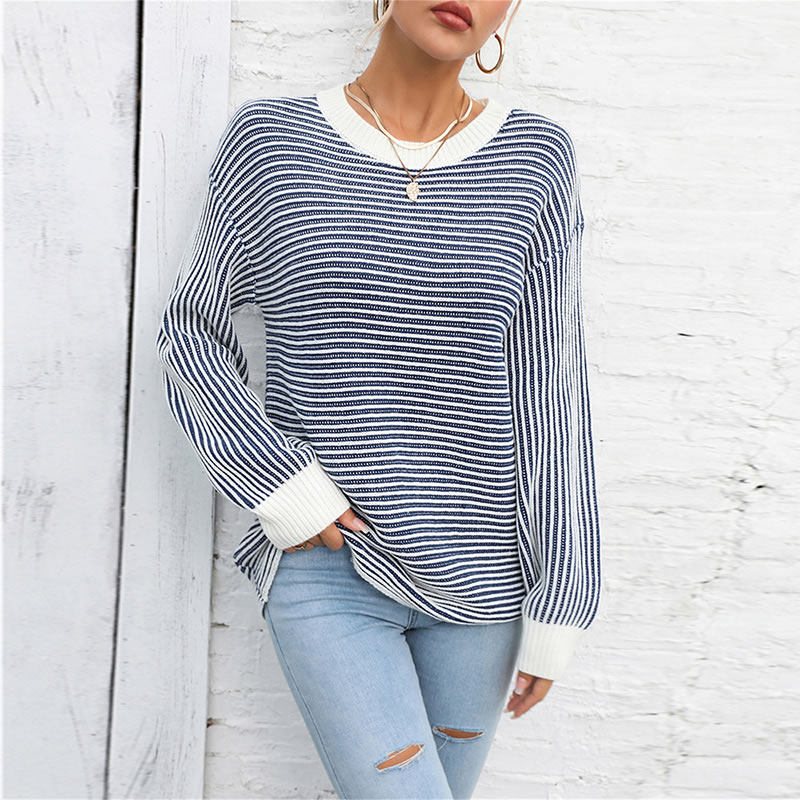 Fashion Rose Red Striped Knit Crewneck Pullover,Sweater