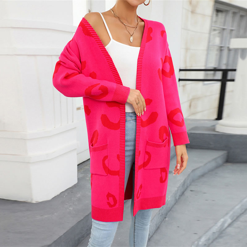 Fashion Rose Red Leopard Knit Cardigan Jacket,Sweater
