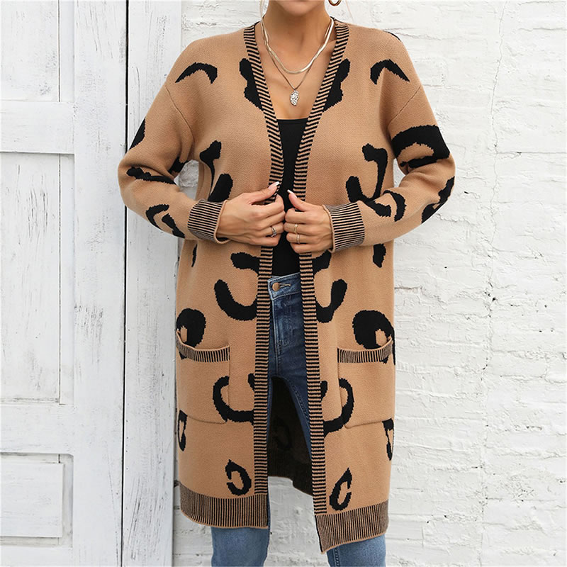 Fashion Khaki Leopard Knit Cardigan Jacket,Sweater