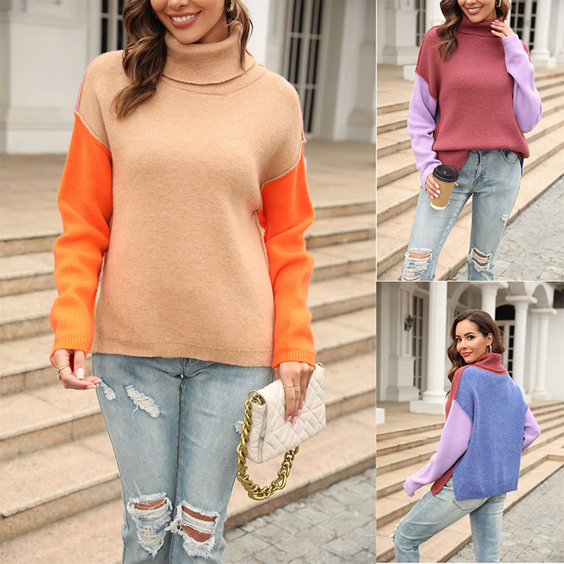 Fashion Embroidered Red Color Block Knit Turtleneck Pullover,Sweater