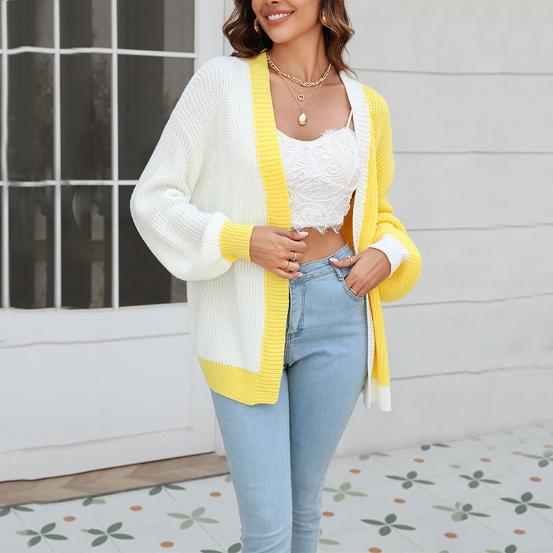 Fashion Yellow Color Block Knit Cardigan Jacket,Sweater