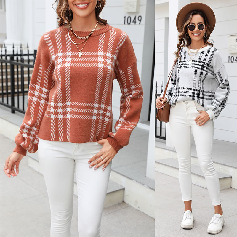 Fashion Camel Plaid Knit Pullover Crew Neck Sweater,Sweater