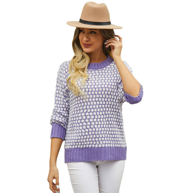 Fashion Purple Contrast Knit Crew Neck Long Sleeve Sweater,Sweater