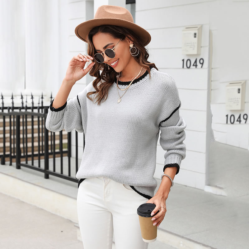 Fashion White Color-blocking Paneled Crewneck Knitted Pullover,Sweater