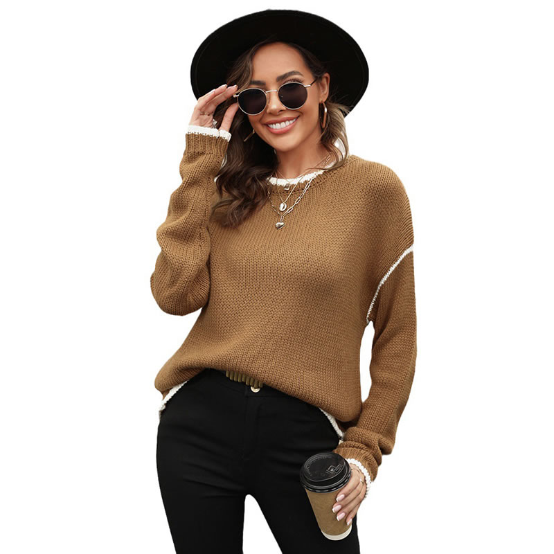 Fashion Camel Color-blocking Paneled Crewneck Knitted Pullover,Sweater