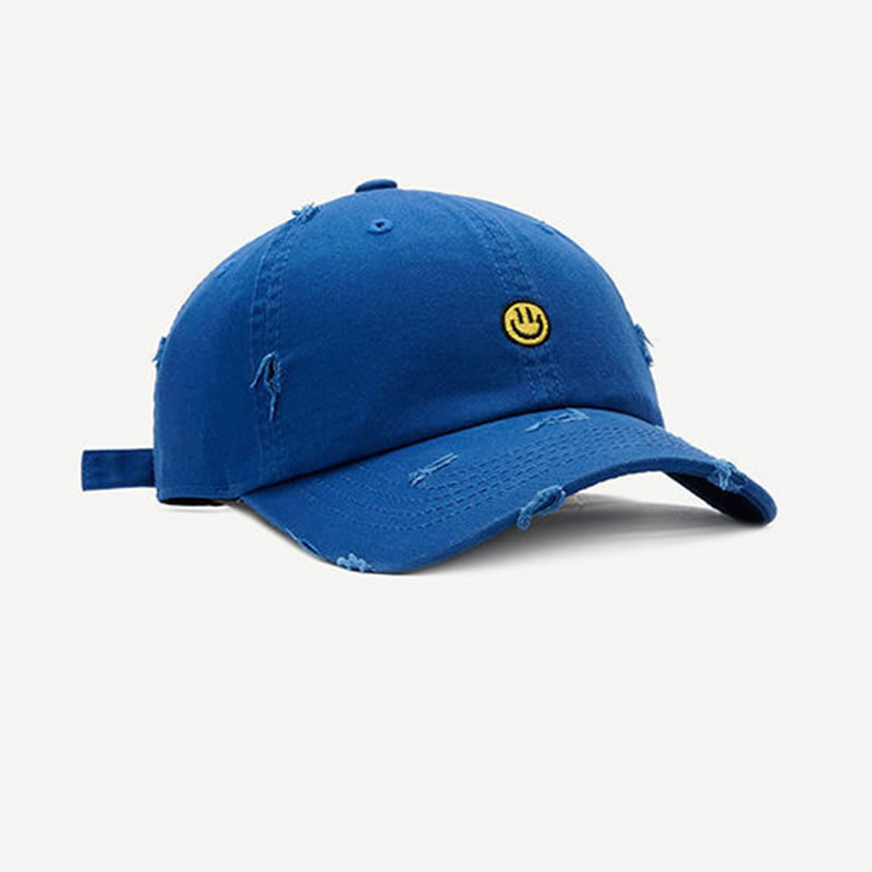 Fashion Blue Smile Embroidered Distressed Soft Top Cap,Baseball Caps